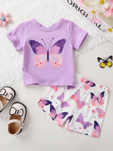 Young Girls' Elegant, Sweet & Cute Butterfly Knot Pattern Printed T-Shirt And Shorts Set, Suitable For Casual, Vacation, Party